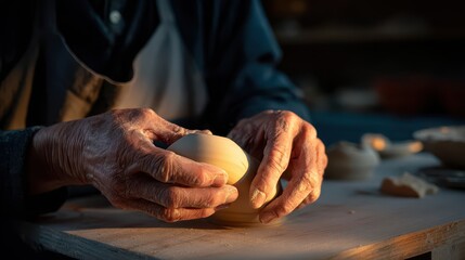 Aged hands shape a light clay object.
