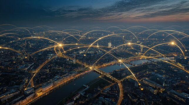Night aerial view of a city with illuminated roads and digital network connections symbolizing global communication and smart technology. - Powered by Adobe