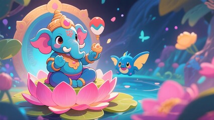 Whimsical Blue Elephant Sitting on Pink Lotus Flower with a Playful Bird in Colorful Nature