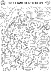Dwarf black and white maze for kids with underground mine landscape and gnome. Fairytale preschool printable activity with goldmine cave tunnel. Fantasy labyrinth game, puzzle, coloring page