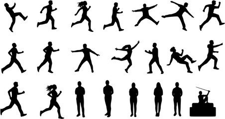 Silhouettes showcasing various human activities and movements for design use
