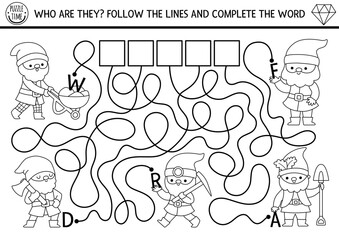 Obraz premium ABC black and white labyrinth game with dwarf. Fairytale alphabet maze activity for preschool kids. Printable activity, coloring page with gnomes. Follow line to find out name of creature