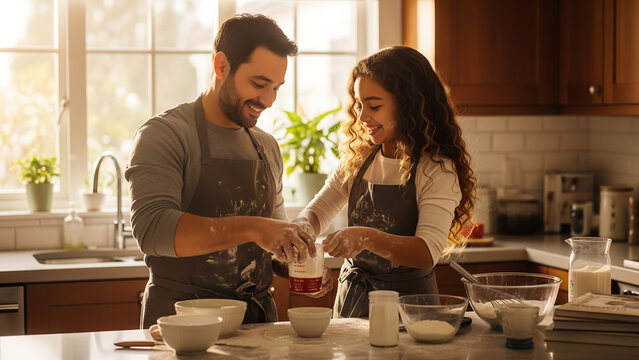 Father and daughter baking together in a warm, joyful kitchen setting