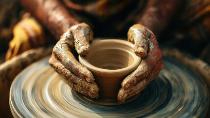 Skilled hands shape clay on a potter's wheel.