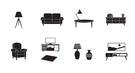 Minimalist silhouette vector illustrations of various interior design furniture and home decorations