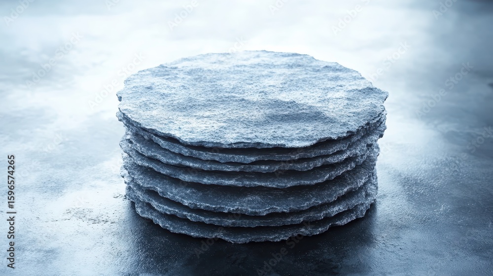 Poster stacked gray slate plates on a textured surface in soft light