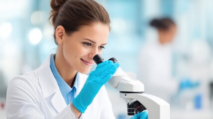 Fototapeta premium A female scientist wearing gloves closely examines samples through a microscope in a bright, modern laboratory setting.