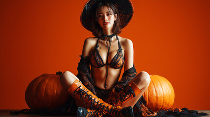 大きなオレンジのカボチャの前にあぐらを描いて座る日本人女性 オレンジの背景