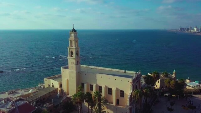 Aerial of St. Peter's church in Jaffa with Tel Aviv in the background Israel