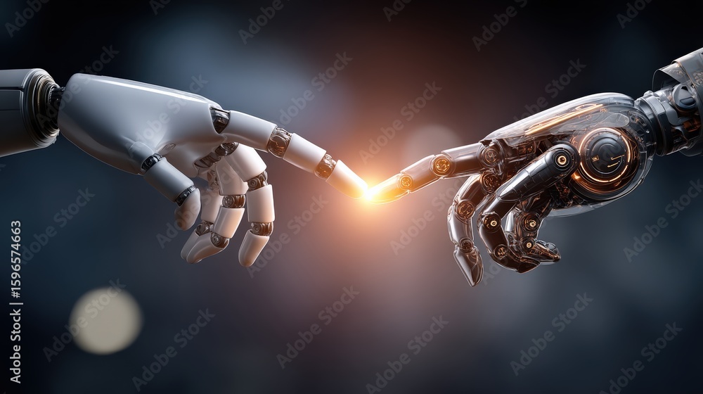 Poster two robotic hands reaching out to touch each other, symbolizing connection and technology fusion.