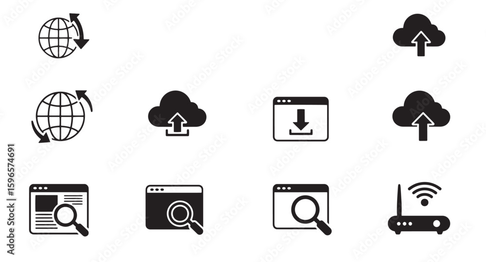 Poster set of modern internet and technology icons illustrating web and cloud computing functions