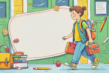 Teacher Standing in Classroom with Open Books and Blackboard in the Background