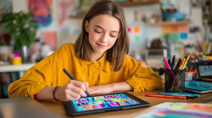 teen girl practicing modern calligraphy using a digital tablet and stylus, colorful letters on screen, smiling slightly, bright creative workspace, teen digital art hobby photography 