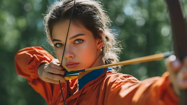 teen girl practicing archery outdoors, pulling bowstring back, serious focused look, wearing sports outfit, teen sports hobby photography 
