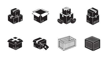 Set of various isometric package boxes and crates in a black and white illustration