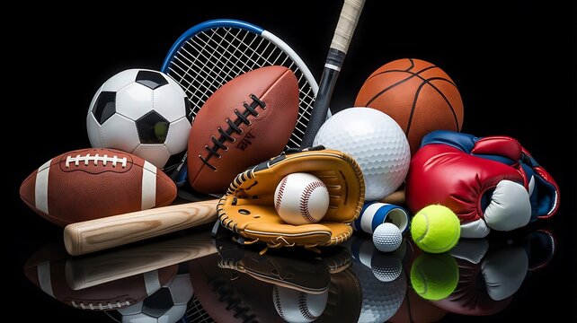 A diverse collection of sports equipment, including balls, bats, gloves, and rackets, arranged on a reflective black surface