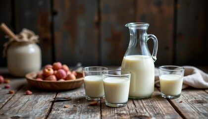 Glass pitcher and three glasses of creamy plant milk on a rustic wooden table A wooden bowl of loquats sits near a jar