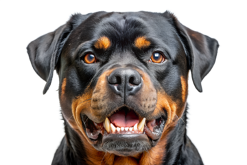 A rottweiler dog with a happy expression is isolated on transparent background