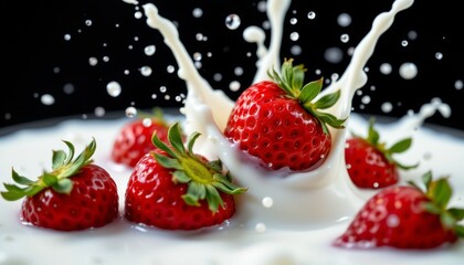 Several vibrant red strawberries creating a dynamic milk splash with droplets against a black background