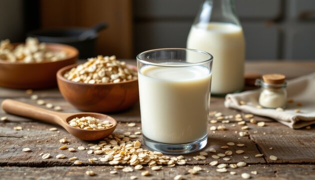 Glass of creamy oat milk a bottle and wooden bowls of dry rolled oats on rustic wooden table Scattered oat flakes