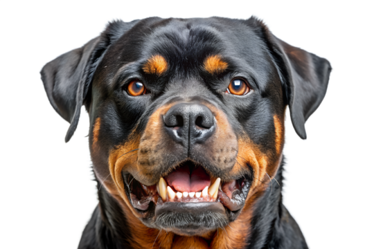A rottweiler dog with a happy expression is isolated on transparent background