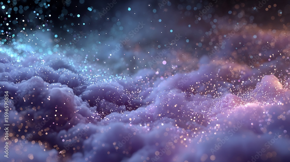 Poster dreamy cloudscape with sparkling particles, a surreal and magical atmosphere for creative projects