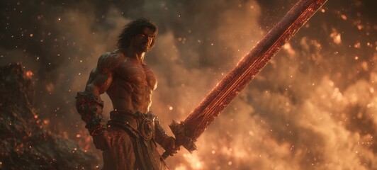 Divine Handsome Male Warrior in Glowing Battle Stance, Bare Upper Body with Godlike Muscles, Sculpted Abs and Pectorals, Golden Glowing Sword Raised, Minimal Armor on Waist and Left Arm, Radiant Battl