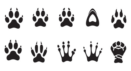 Ten different stylized black animal paw prints on a white background perfect for designs