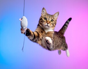 Tabby cat leaping mid-air, reaching for a toy mouse on a string against a vibrant blue and pink gradient background.