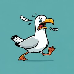 Fototapeta premium Cartoon Seagull Running with Feather and Droplets on Turquoise Background