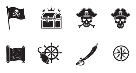 Vector illustration collection of black and white pirate themed symbols and icons