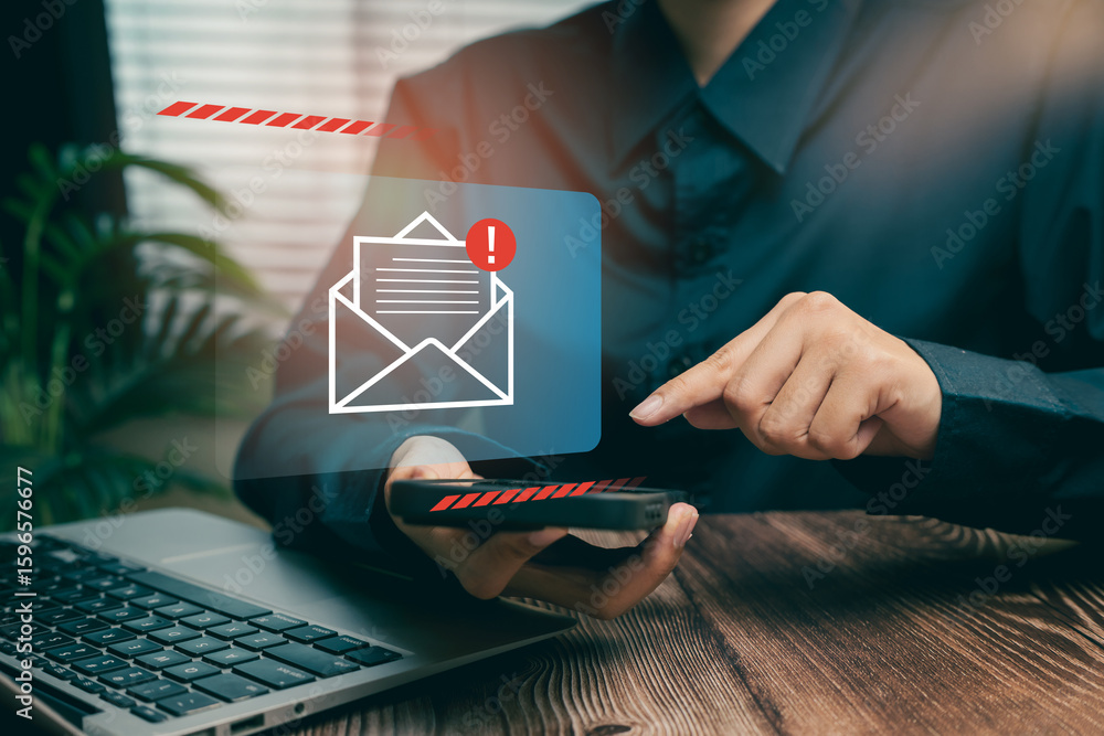 Poster email alert on mobile device concept. businesswoman checking digital inbox on smartphone with email 
