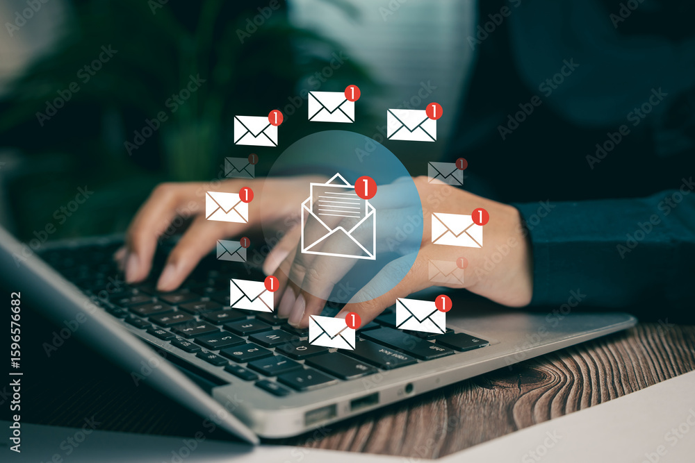 Poster email notification alert concept. hands typing on laptop keyboard surrounded by digital envelope ico