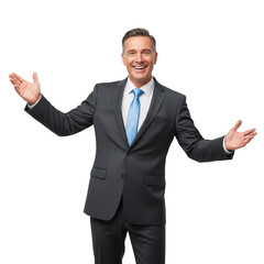 Cheerful businessman with open arms for a presentation