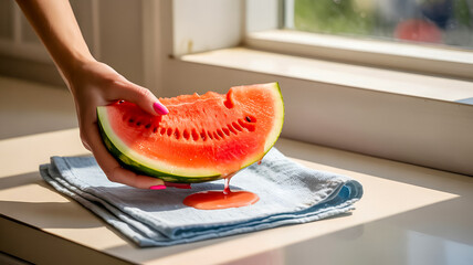 A close-up of a hand holding a fresh watermelon slice, dripping juice onto a blue cloth, illuminated by warm sunlight through a window.