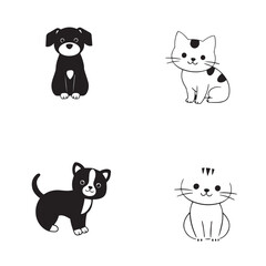 Obraz premium Cute pet dog and cat icon pack vector design concept black and white illustration.