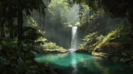 42. Lush tropical rainforest, waterfall, vibrant green, natural light, serene, abundant flora