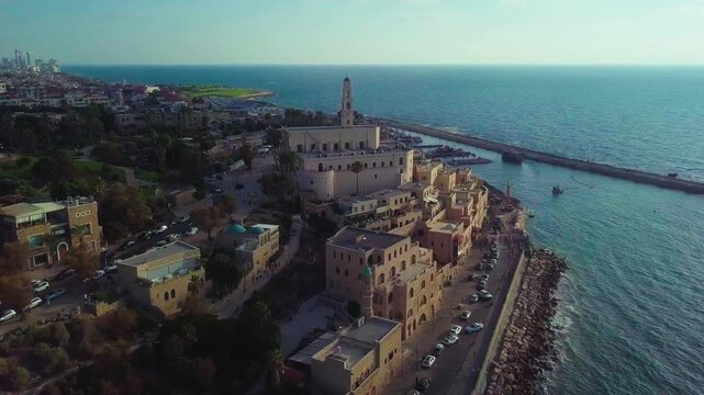Aerial of Jaffa old town and it's port Israel