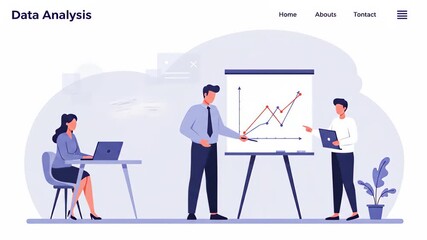 Flat vector a data analysis presentation is being given to a team, showcasing business analytics and strategic planning in an office setting
