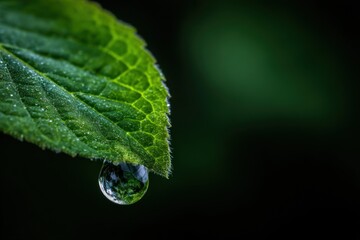 46. Close up of a single dewdrop on a green leaf, macro photography, vibrant, fresh, morning light