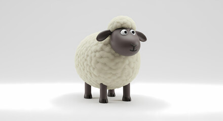 A cartoon sheep stands on a white surface, facing the viewer with a curious expression.