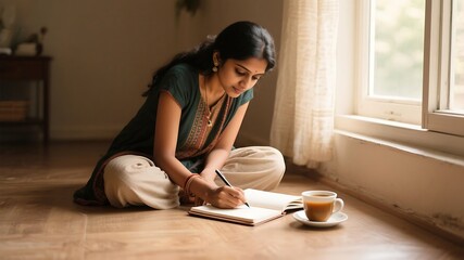 Woman writing in a notebook while sitting on the floor with a cup of coffee near a window, creating a cozy, relaxed atmosphere