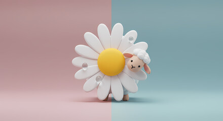 Cute cartoon sheep hiding behind a daisy pacifier on a split-toned background.