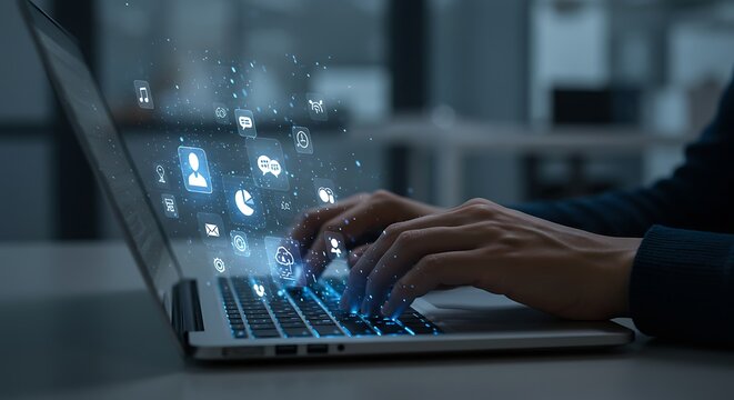 Typing on Laptop with Blue Icons Overlay, Modern Tech, Data Flow Concept