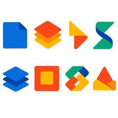 Modern Geometric Icons. Flat vector icons of folded and layered shapes: folded corner icon, layered rectangle stack, bent triangle