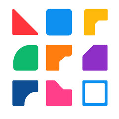 Flat Corner Icons. Flat vector icons of corner and edge shapes: sharp corner triangle, rounded corner square, beveled edge shape,