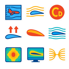 Aerodynamics Icon Set. Flat vector icons of aerodynamic simulation elements: wind tunnel model, airflow over wing, drag
