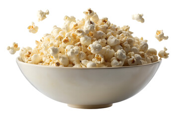 A bowl of fluffy popcorn, isolated on transparent background, is ready for a movie night snack