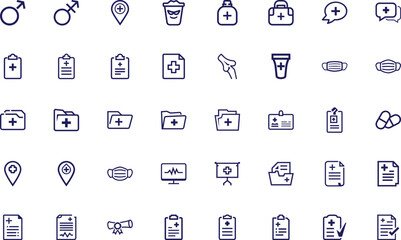 Various minimal navy line art style medical icons symbolize healthcare accessibility on white
