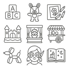 Children's Event Icons. Line style icons of children’s events: toy blocks, mascot costume, coloring table, inflatable castle,